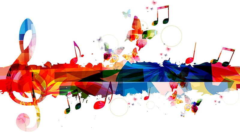 Color of Music, colorful, splatter, notes, music, bright, butterflies, abstract, pint, HD wallpaper