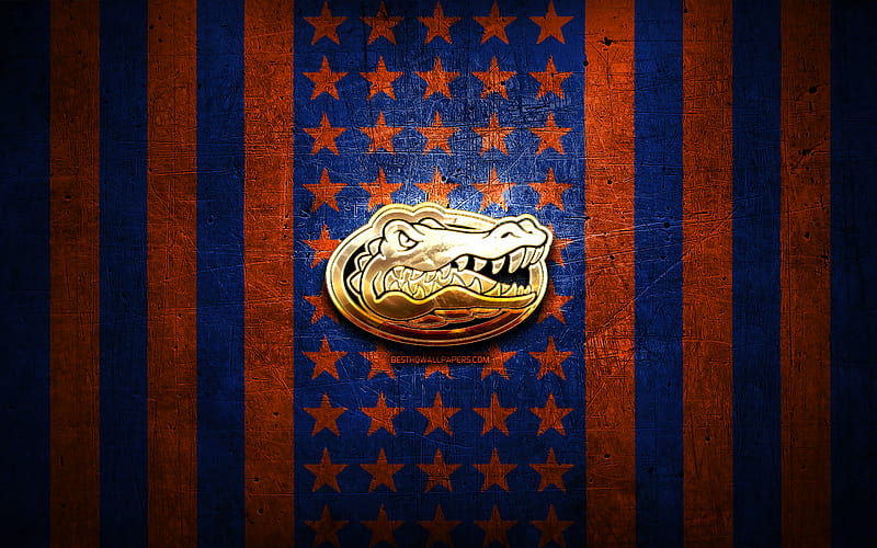 Florida Gators flag, NCAA, blue orange metal background, american football team, Florida Gators logo, USA, american football, golden logo, Florida Gators, HD wallpaper