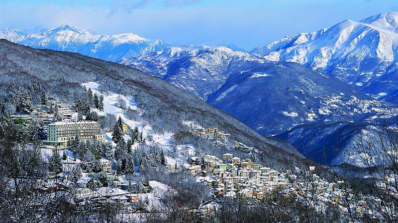 Fantastic Mountain Resort Town In Winter, Resort, Forest, Mountains