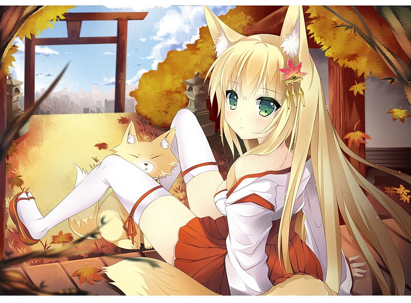 Anime, orignal, fox, shrine maiden, trees, HD wallpaper | Peakpx