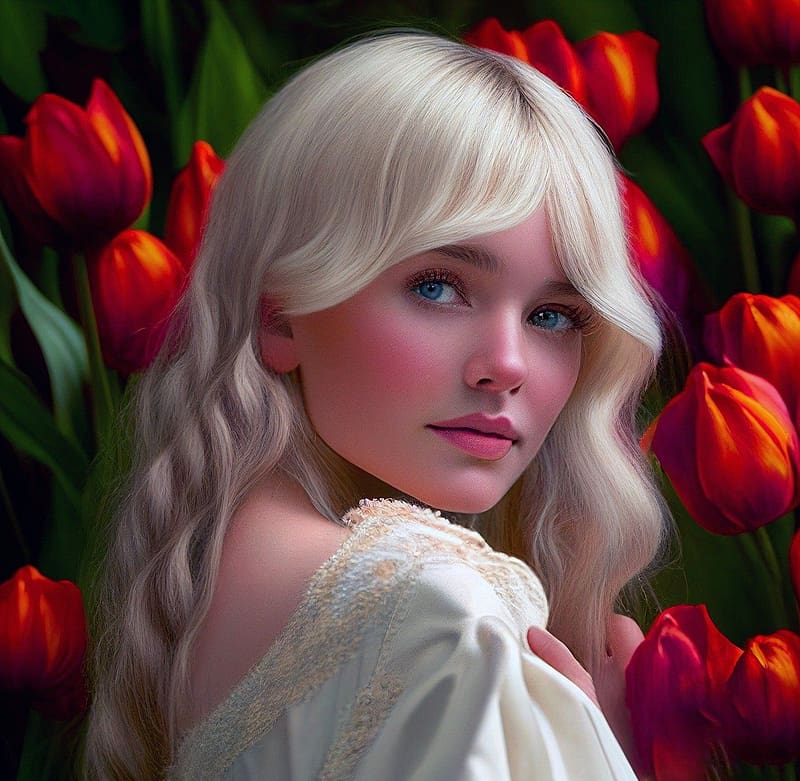 Girl and red tulips, piros, tulipanok, portre, lany, szoke haj, bajos arc, HD wallpaper