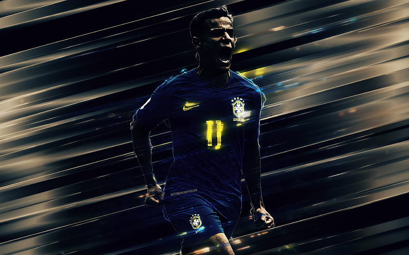 Philippe Coutinho creative art, blades style, Brazil national football team, Brazilian footballer, blue uniform, midfielder, Brazil, blue background, football, HD wallpaper