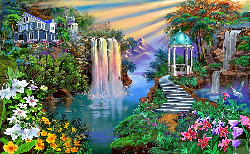 Beautiful Garden, sunrays, painting, waterfall, flowers, river, gazebo, sky, artwork, HD wallpaper