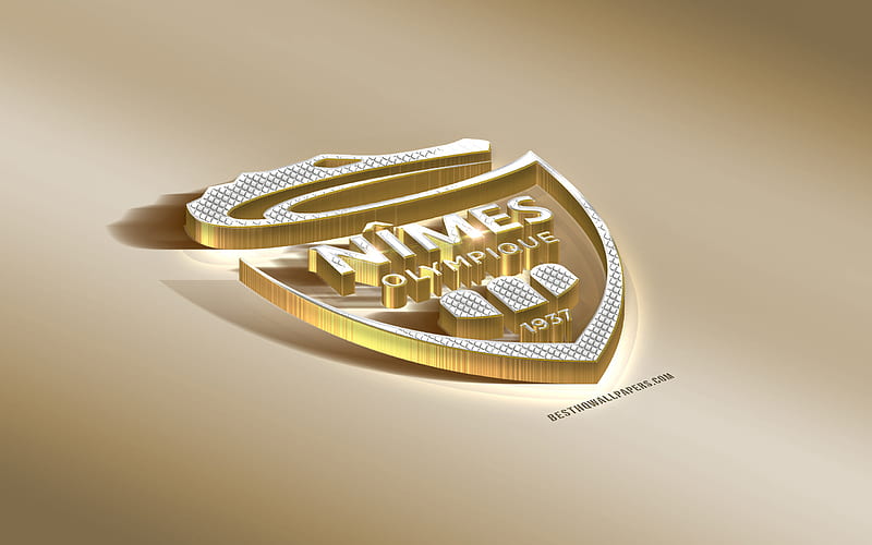 Nimes Olympique, French football club, golden silver logo, Nimes, France, Ligue 1, 3d golden emblem, creative 3d art, football, HD wallpaper
