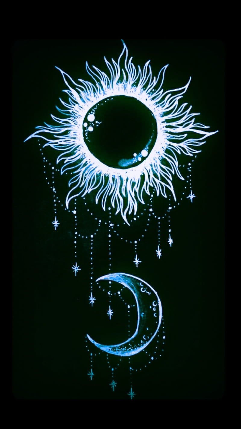 The Blue Sun, art, bonito, black, celestial, drawing, moon, space, stars, HD phone wallpaper