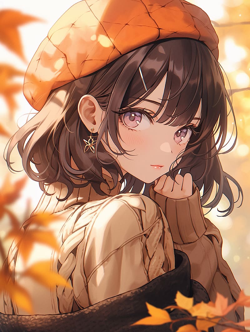 girl, beret, autumn, leaves, anime, HD phone wallpaper