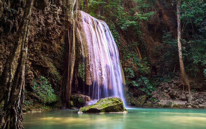 mountain waterfall, rock, lake, Kanchanaburi, Erawan National Park, Thailand, HD wallpaper