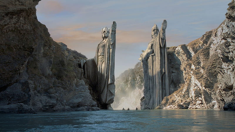 Door to an other World, ships, statues, water, stones, mountains, scifi, HD wallpaper