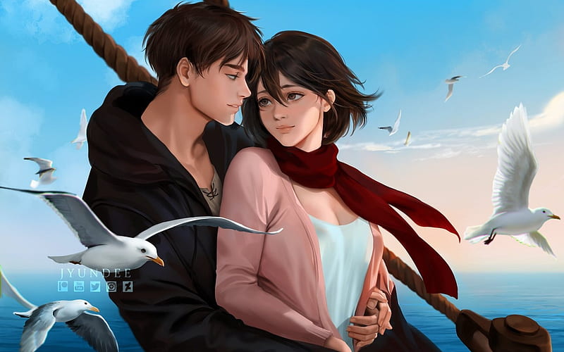 Young Couple, seagulls, love, anime, boy, girl, HD wallpaper