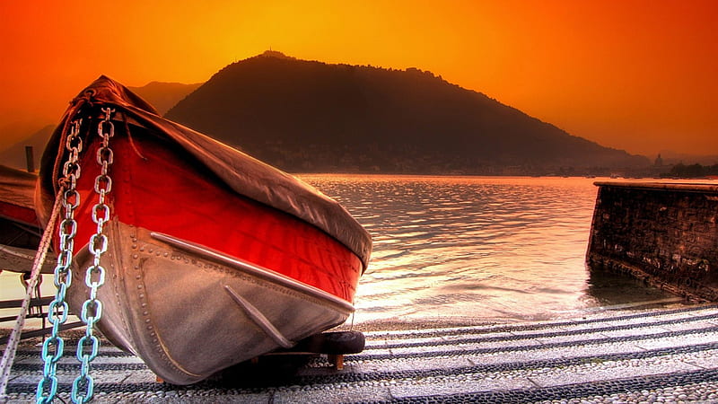 boat chained on a ramp in a lake at sunset r, chain, boat, r, sunset, ramp, lake, HD wallpaper