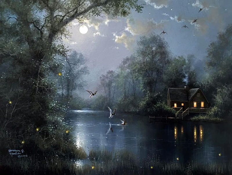 Moonlight, art, house, moon, abraham hunter, lake, lights, water, moon, bird, pasari, painting, pictura, night, HD wallpaper