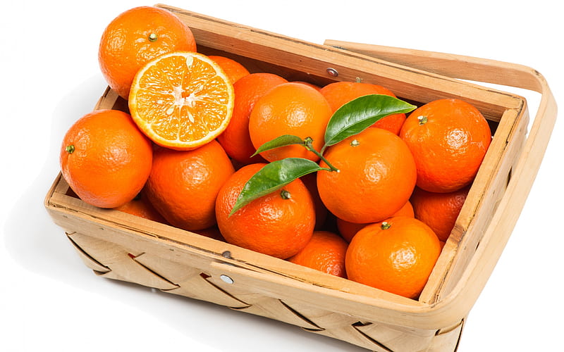 mandarins, citrus fruits, orange fruit, basket, HD wallpaper