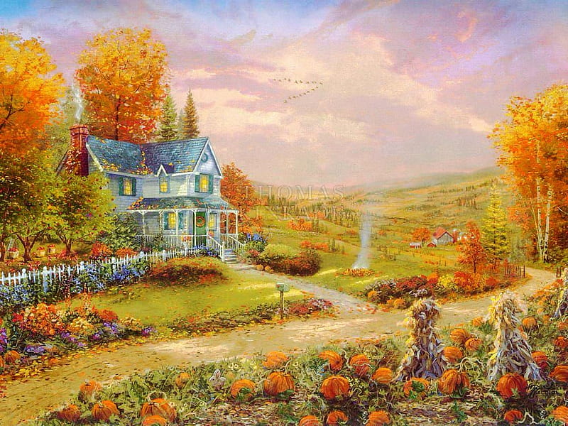 Autumn at Apple Hill - Kinkade Studios, artwork, fall, cottage, painting, colors, trees, pumpkins, HD wallpaper