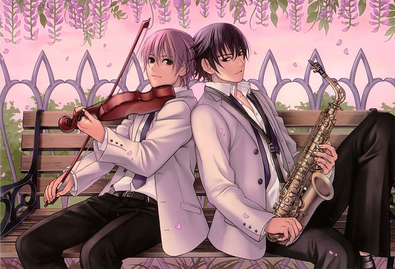 Musician Boys, guy, floral, sweet, instrument, nice, musician, anime, handsome, hot, saxophone, violin, male, lovely, bench, sexy, cute, boy, cool, flower, petals, HD wallpaper