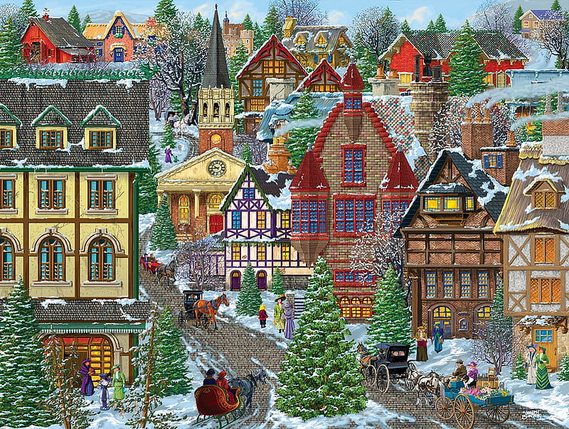 Winter Village Square, house, tree, craciun, christmas, painting, pictura, winter, art, square, village, HD wallpaper