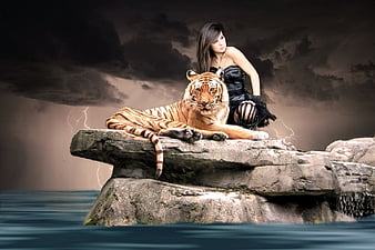 HD fantasy lady with tiger wallpapers | Peakpx