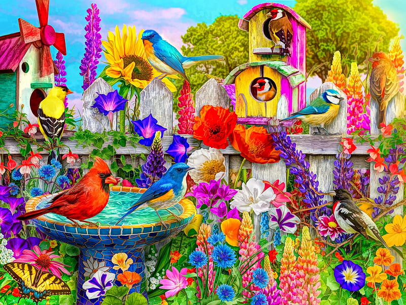 Bird Bath Garden, bird, bright, color, jigsaw, puzzle, bath, HD wallpaper