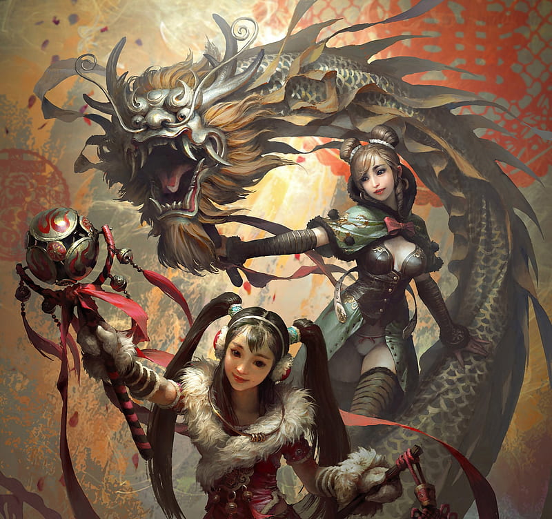 Girls and a dragon, fantasy, xiaoyu wang, girl, dragon, HD wallpaper