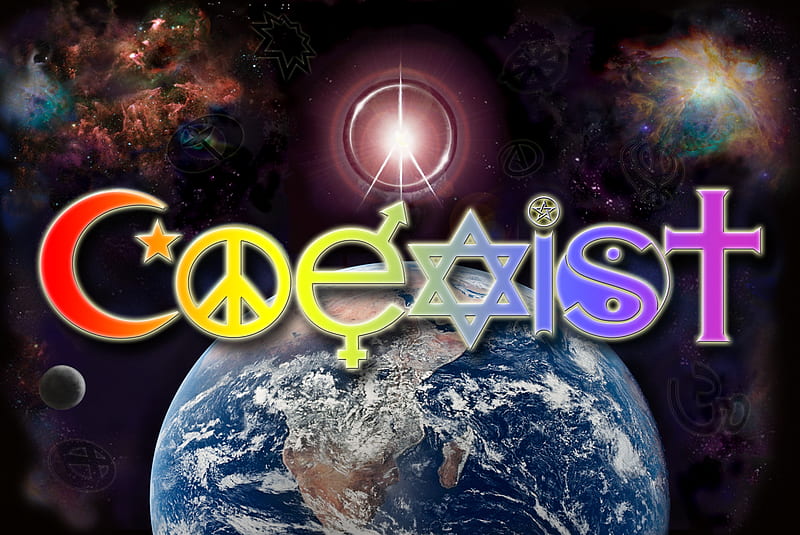 Coexist, world, race, creed, desire, hope, unity, symbol, love, ethnicity, protect, harmony, stars, belief, female, male, om, peace, religions, nationality, universe, planet, united, gender, colour, care, HD wallpaper