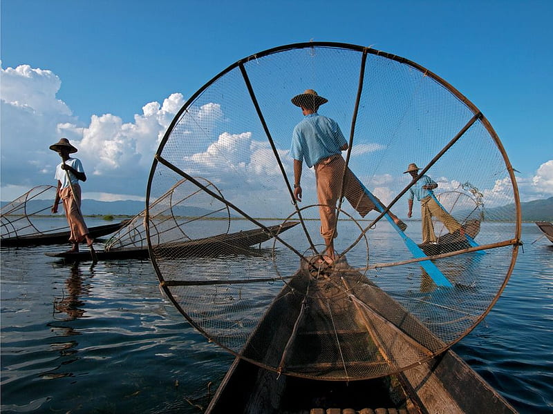 Fishermen, nets, boats, myanmar, HD wallpaper