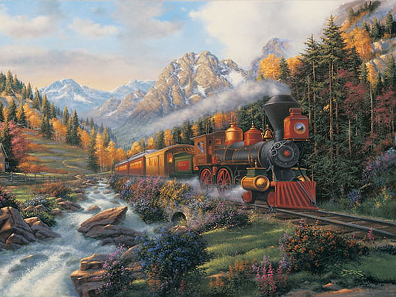 Autumn Run Train F5Cmp, art, locomotive, hansen, travel, derk hansen, mountain, train, engine, painting, scenery, rails, HD wallpaper