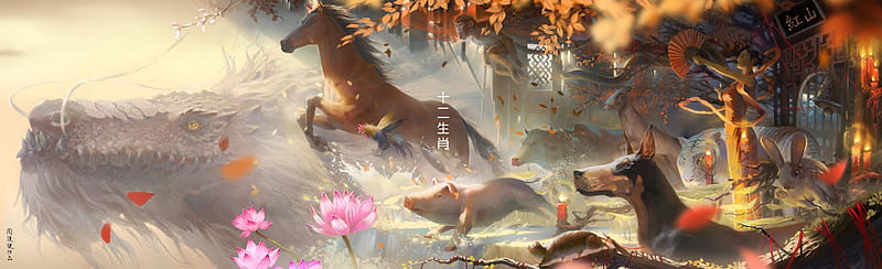 Oriental zodiac, pig, henryca citra, lotus, chinese zodiac, luminos, horse, dragon, boar, fantasy, oriental, running, flower, pink, HD wallpaper