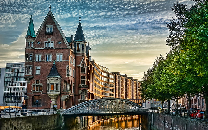 Hamburg street, river Elbe, evening, summer, Germany, Europe, HD wallpaper