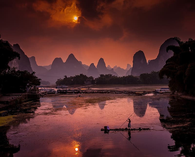 Landscape, Sunset, Mountain, China, , Nanling Mountains, Li River, HD wallpaper