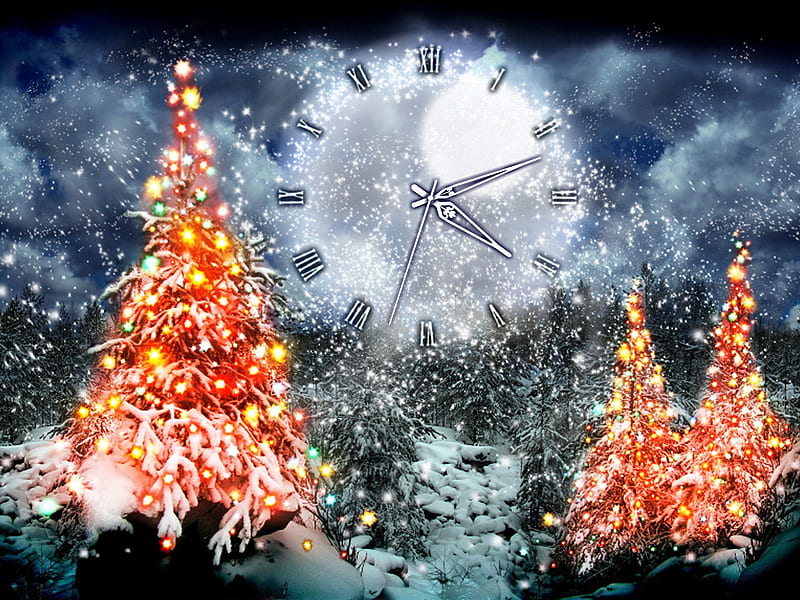 Christmas Draws Near, christmas, snow, clock, trees, lights, night, HD
