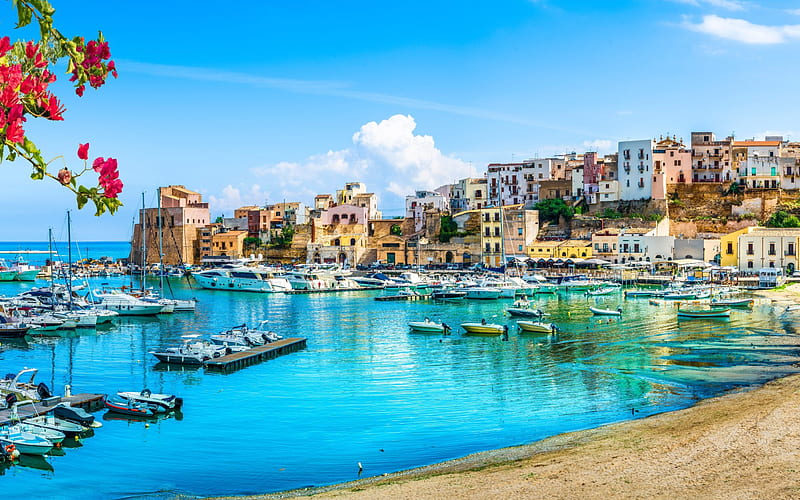 Castellammare del Golfo, bay, yachts, boats, cityscape, Trapani Province, Sicily, Italy, HD wallpaper