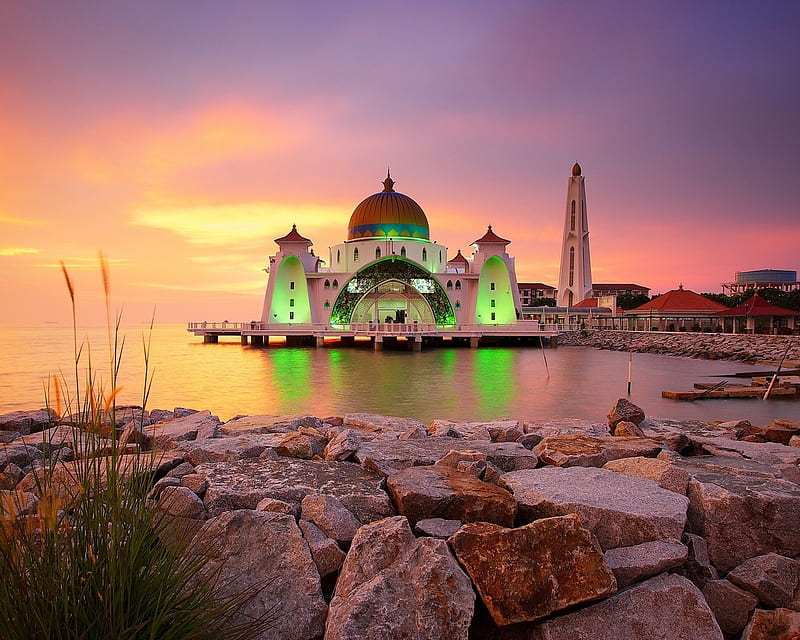 Melaka Straits Mosque,Malaysia, mosque, stone, religious, nature, sunset, sea, HD wallpaper