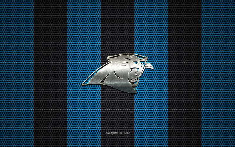 Carolina Panthers logo, American football club, metal emblem, blue black metal mesh background, Carolina Panthers, NFL, Charlotte, North Carolina, USA, american football, HD wallpaper