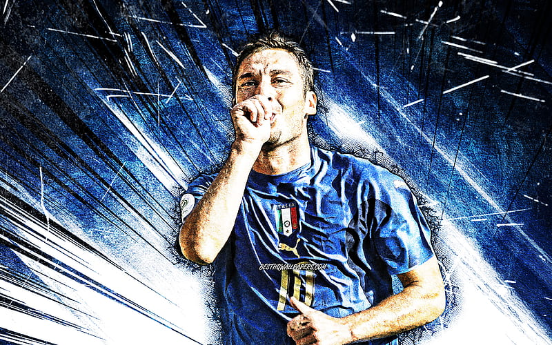 Francesco Totti, grunge art, football stars, italian footballers, soccer, Italy national football team, blue abstract rays, football legends, Francesco Totti, HD wallpaper