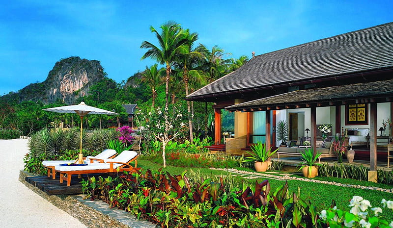 Beautiful Beach Villa, polynesia, house, villa, beach, sand, flowers, luxury, exotic, islands, lilies, canna, paradise, plants, mansion, garden, island, tropical, luxurious, HD wallpaper
