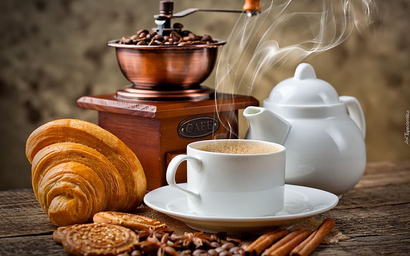 Coffee Time, bakery, coffee, cup, pot, mill, HD wallpaper