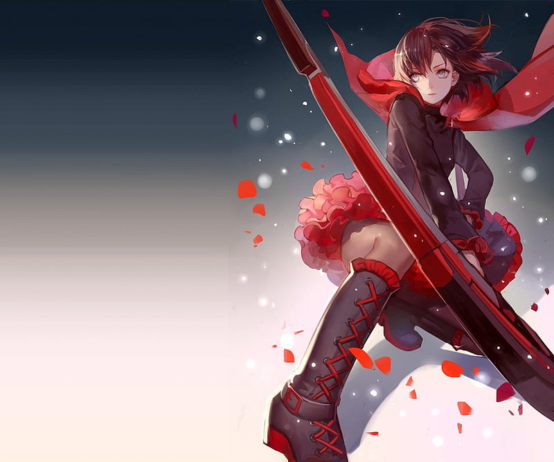 Ruby Rose, red, angry, emotional, anime, hot, anime girl, weapon, female, brown hair, ruby, mad, rwby, sexy, plain, short hair, cute, warrior, girl, simple, sinister, serious, HD wallpaper