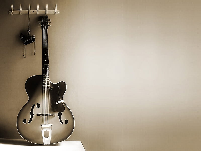 Guitar, old pic, instrument, music, black, white, wall, HD wallpaper