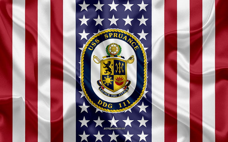 USS Spruance Emblem, DDG-111, American Flag, US Navy, USA, USS Spruance Badge, US warship, Emblem of the USS Spruance, HD wallpaper