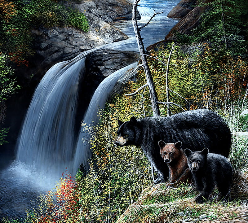 Bears at the Waterfall, art, bonito, illustration, artwork, animal, painting, waterfall, wide screen, wildlife, nature, bears, HD wallpaper