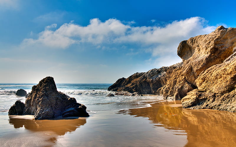 Malibu, rocky, bonito, waves, clouds, skies, beaches, nature, outcroppings, blue, HD wallpaper