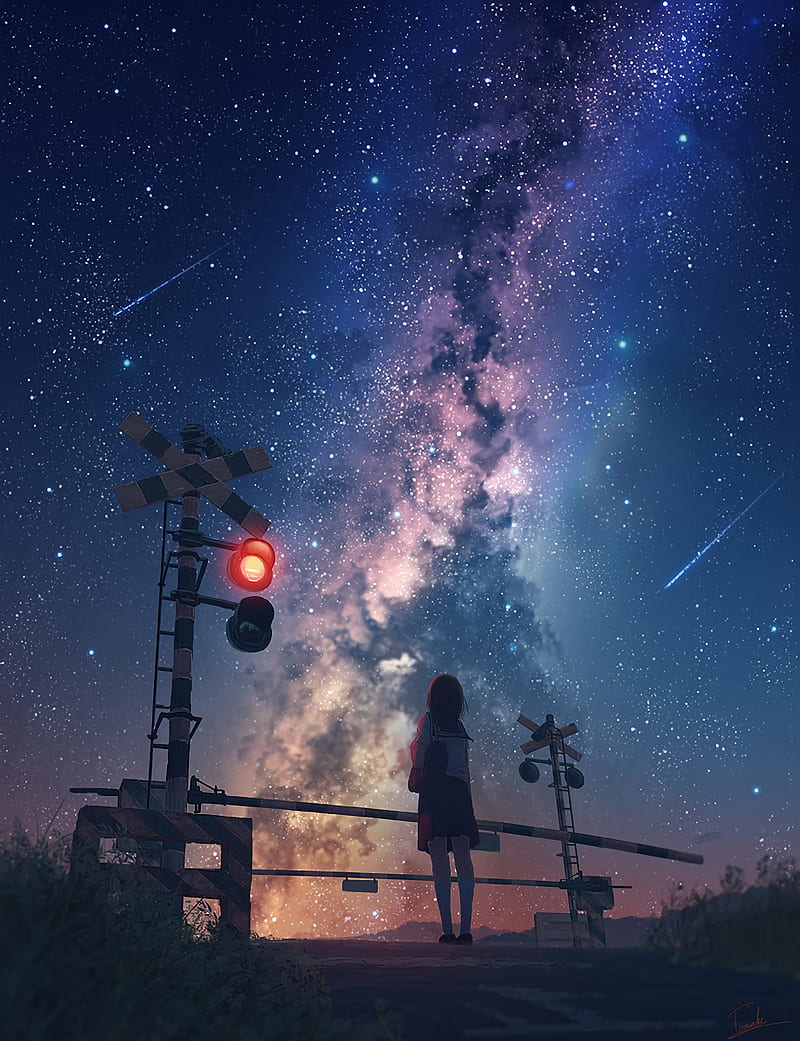 Milky Way, emotion, night sky, traffic lights, night, sky, stars, anime girls, alone, outdoors, HD phone wallpaper