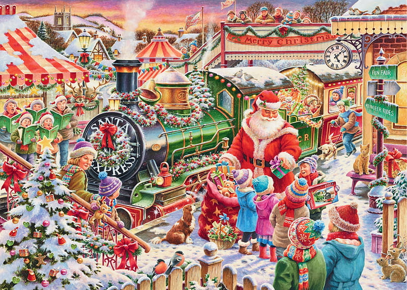 Christmas gifts from Santa, santa calus, red, art, craciun, christmas, children, gift, winter, train, green, painting, pictura, HD wallpaper