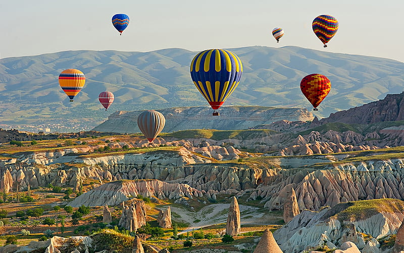 balloons, mountains, Cappadocia, Turkey, summer, HD wallpaper