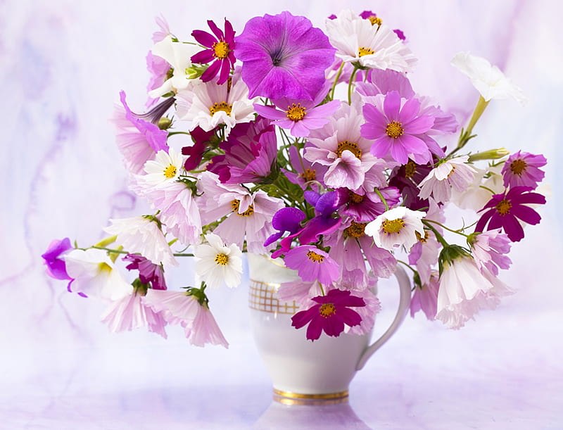 Bouquet of spring flowers, Flowers, Vase, Petunia, Cosmos, HD wallpaper