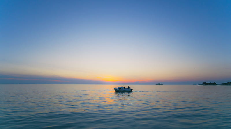 boat, horizon, sunset, waves, HD wallpaper