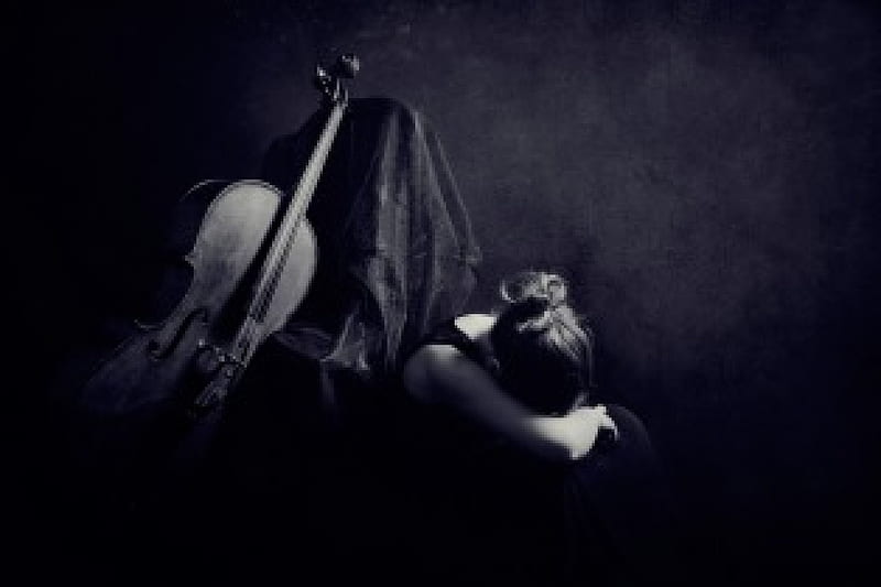 Sadness, music, shadow, woman, cello, instrument, girl, string, darkness, dark, sad, emotion, HD wallpaper
