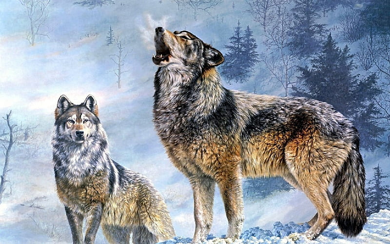 Winter Melody, predator, snow, painting, wolf, trees, wolves, artwork, HD wallpaper