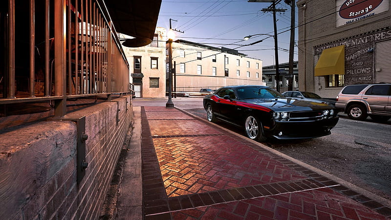 Dodge Challanger, 1080i, challanger, horsepower, muscule car, dodge, alley, street, HD wallpaper