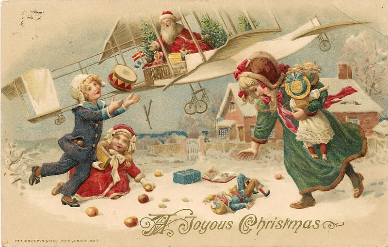 Merry Christmas!, snow, craciun, christmas, people, children, winter, card, vintage, iarna, HD wallpaper