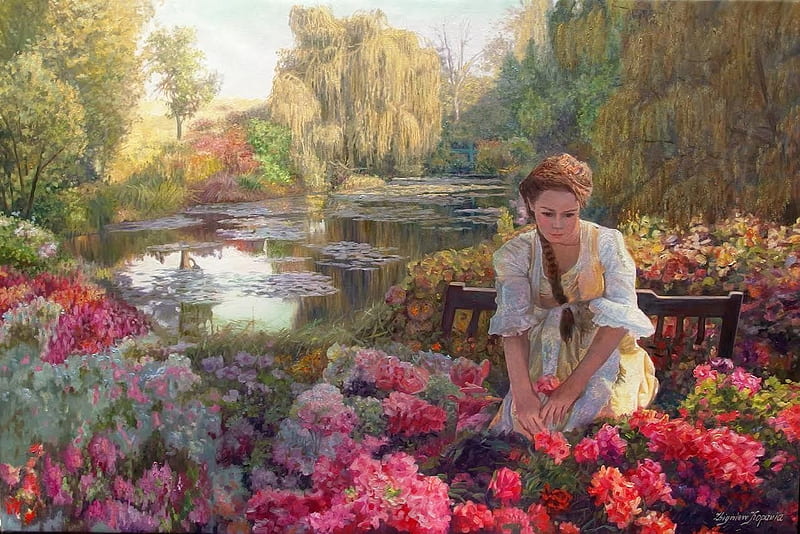 Girl in the garden, girl, rose, garden, flower, pink, lake, art, zbigniew kopania, water, painting, pictura, HD wallpaper